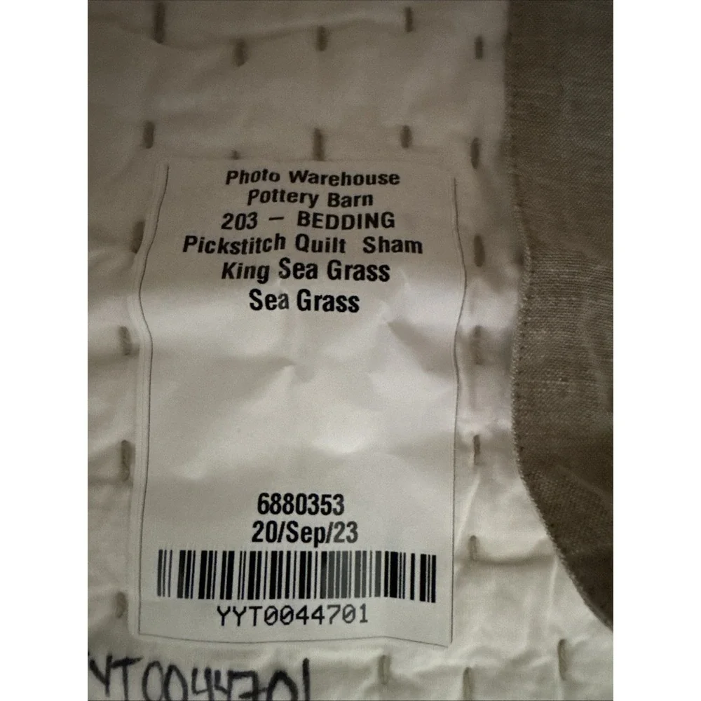 Pottery Barn King Pick Stitch Quilted Seagrass Pillow Sham Linen Cotton Tie
